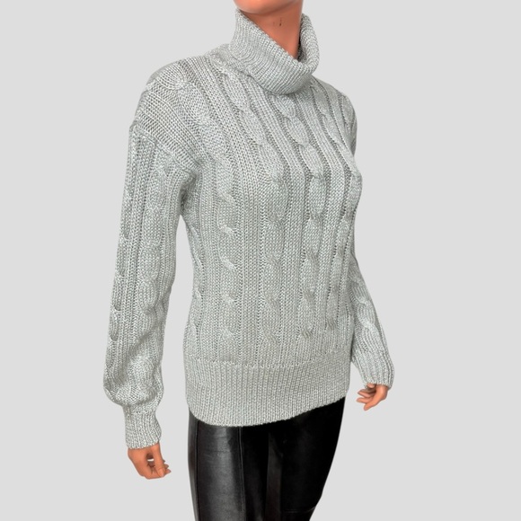 90s Liz Claiborne Women’s M Metallic Cable Knit Turtleneck Sweater Silver Gray - Picture 6 of 16